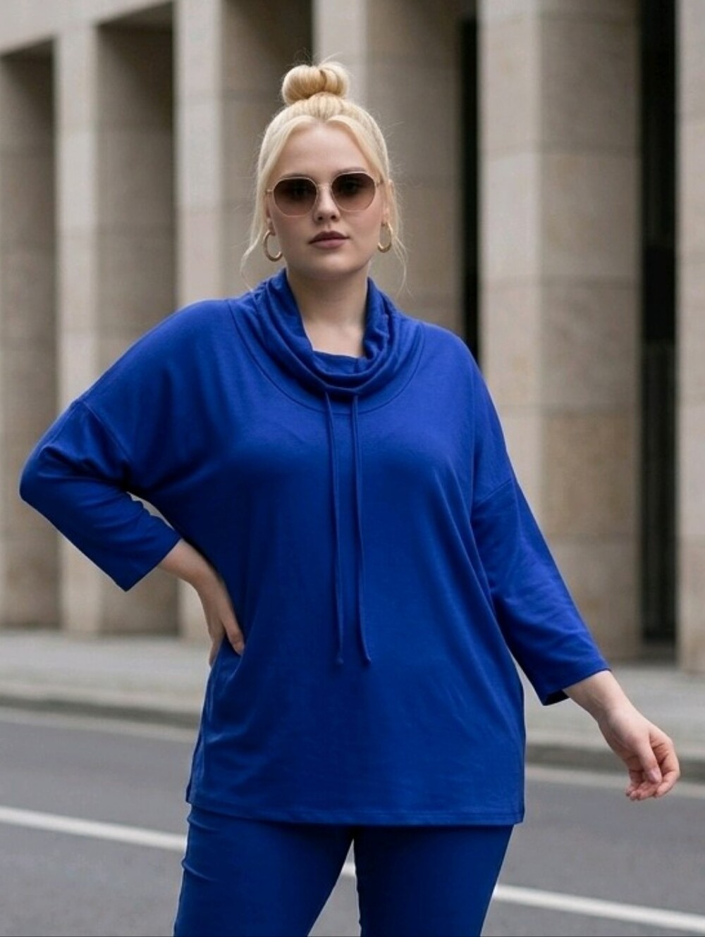 Roaman’s Royal Blue Drawstring Cozy Cowl Neck French Terry Pullover | 1X (22/24)